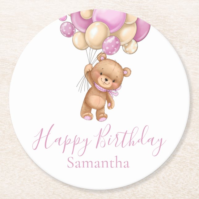 Teddy Bear Balloons Happy Birthday Pink Girl Round Paper Coaster (Front)