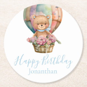 Teddy Bear Balloons Happy Birthday Round Paper Coaster