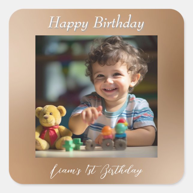 Teddy Bear Balloons Kids Photo Birthday Square Sticker (Front)