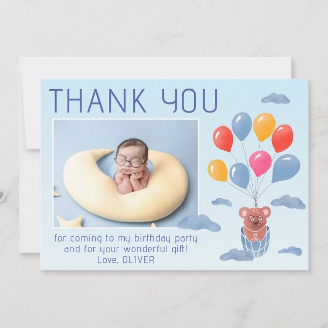 Teddy Bear Balloons Kids Photo Birthday  Thank You Card (Front)
