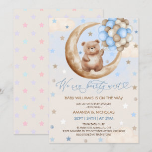 Teddy Bear Balloons & Moon Blue Boy Baby Shower Invitation