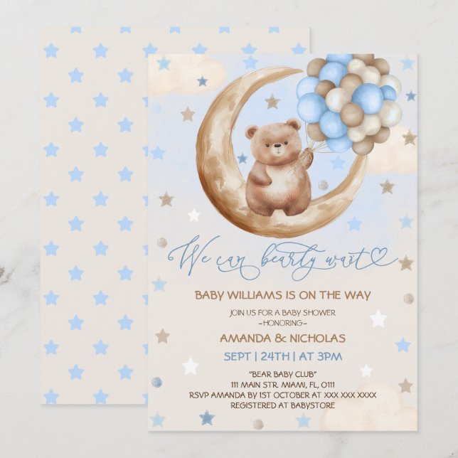 Teddy Bear Balloons & Moon Blue Boy Baby Shower Invitation (Front/Back)