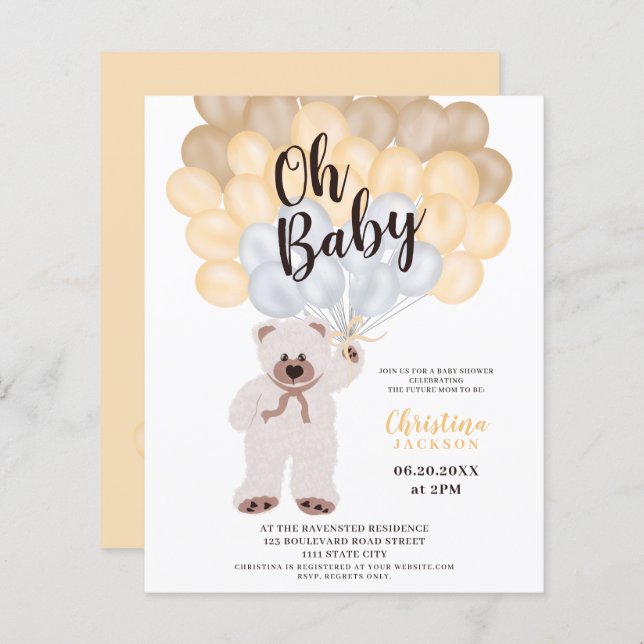 Teddy bear balloons neutral baby shower budget (Front/Back)