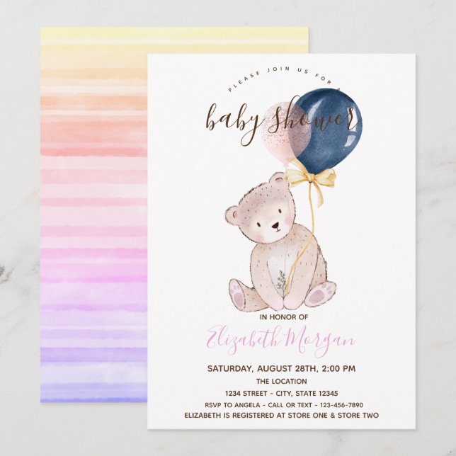 Teddy Bear Balloons Ombre Striped Baby Shower Invitation (Front/Back)