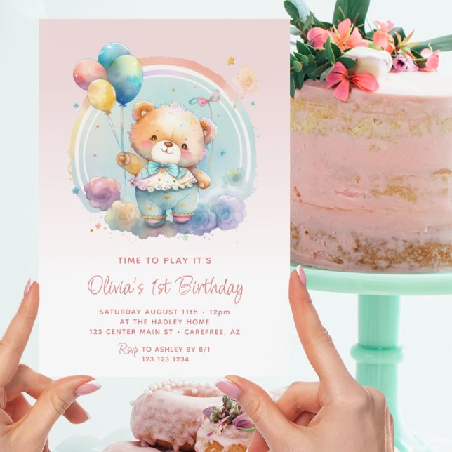 Teddy Bear Balloons Pink 1st Birthday Invitation (Creator Uploaded)
