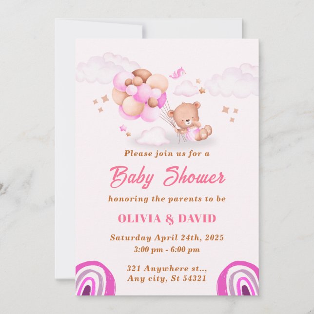 Teddy Bear,Balloons pink And Brown Baby Shower  Invitation (Front)