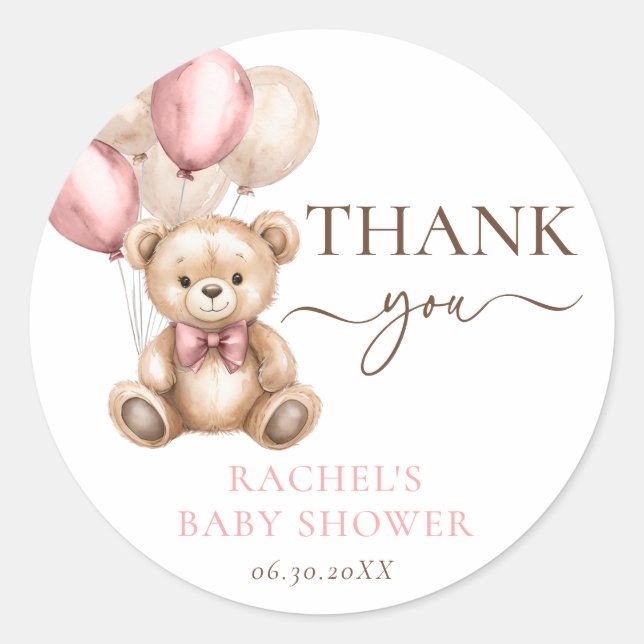 Teddy Bear Balloons | Pink Baby Girl Shower Classic Round Sticker (Front)