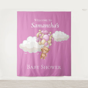 Teddy Bear Balloons Pink Baby Shower backdrop Tapestry