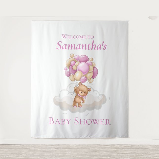 Teddy Bear Balloons Pink Backdrop Tapestry (Front)