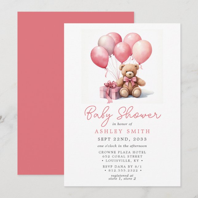 Teddy Bear Balloons Pink Girl Baby Shower Invitation (Front/Back)