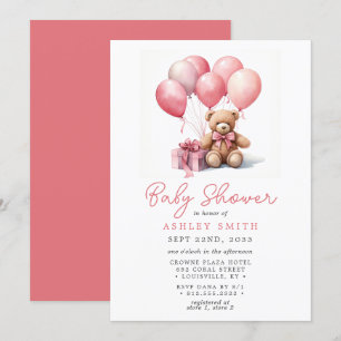 Teddy Bear Balloons Pink Girl Baby Shower Invitation