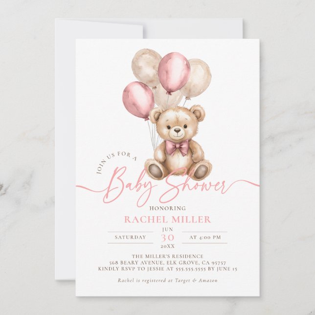 Teddy Bear Balloons Pink Girl Baby Shower Invitation (Front)