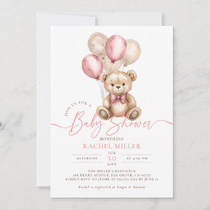 Teddy Bear Balloons Pink Girl Baby Shower Invitation