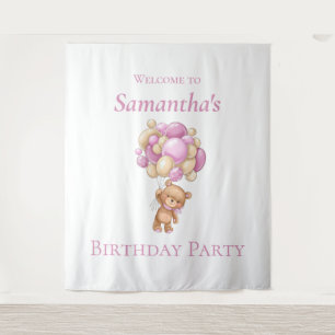Teddy Bear Balloons Pink Girl Birthday backdrop Tapestry
