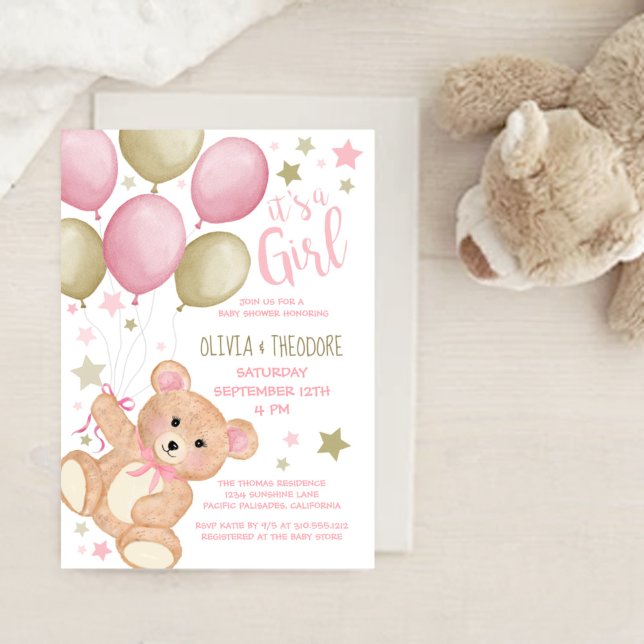 Teddy Bear Balloons Pink Gold Girl Baby Shower  In Invitation (Creator Uploaded)