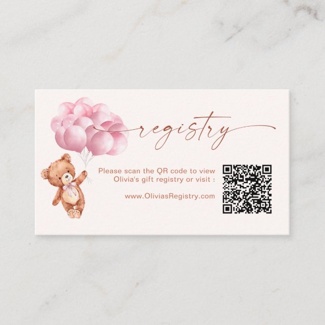 Teddy Bear Balloons Pink QR Code Registry Enclosure Card (Front)