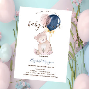 Teddy Bear Balloons Pink Striped Baby Shower Invitation