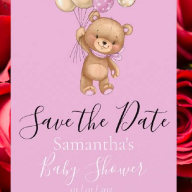 Teddy Bear Balloons Pink the Date Postcard (Send heartfelt invitations with our Teddy Bear Balloons Pink the Date postcard.)