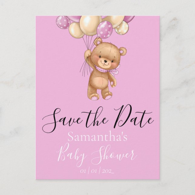 Teddy Bear Balloons Pink the Date Postcard (Front)