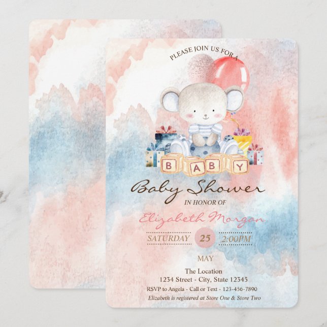 Teddy Bear Balloons Present Watercolor Baby Shower Invitation (Front/Back)