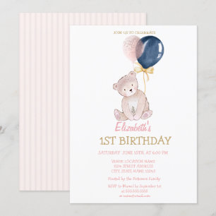 Teddy Bear Balloons Striped Birthday Invitation