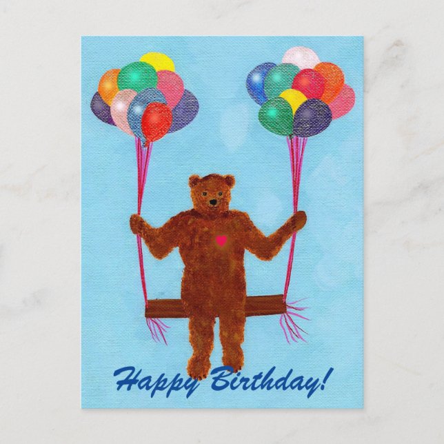 Teddy Bear Balloons Swing Happy Birthday Postcards (Front)
