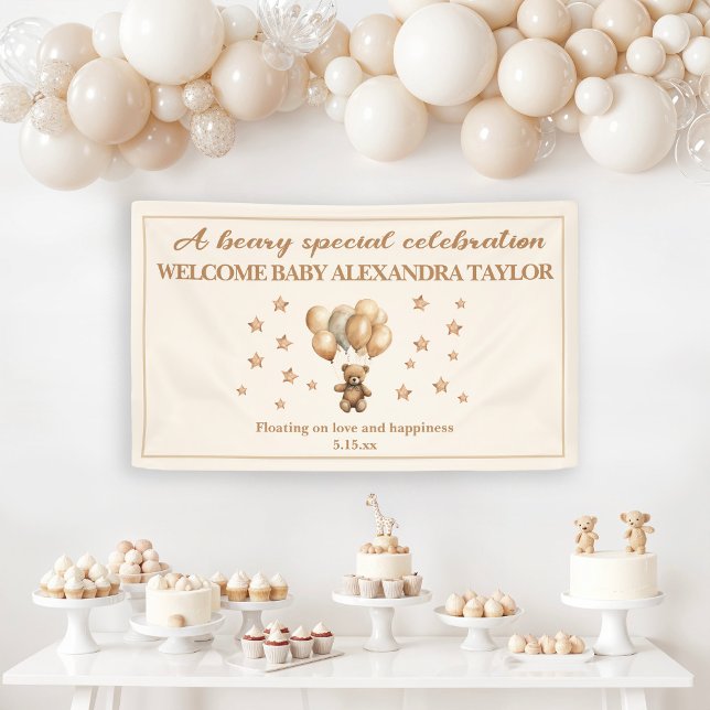 Teddy Bear Balloons Up Up and Away Baby Shower Banner (Teddy bear and balloons baby shower welcome banner)