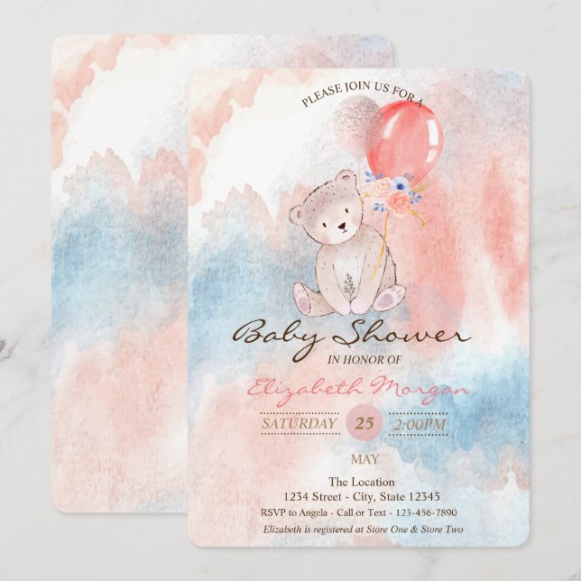 Teddy Bear Balloons Watercolor Baby Shower Invitation (Front/Back)