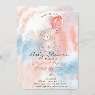 Teddy Bear Balloons Watercolor Baby Shower Invitation