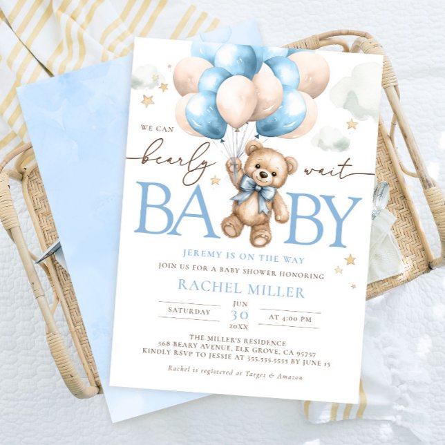 Teddy Bear Balloons We Can Bearly Wait Baby Shower Invitation (Creator Uploaded)