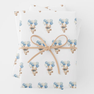 Teddy Bear Balloons We Can Bearly Wait Baby Shower Wrapping Paper Sheet