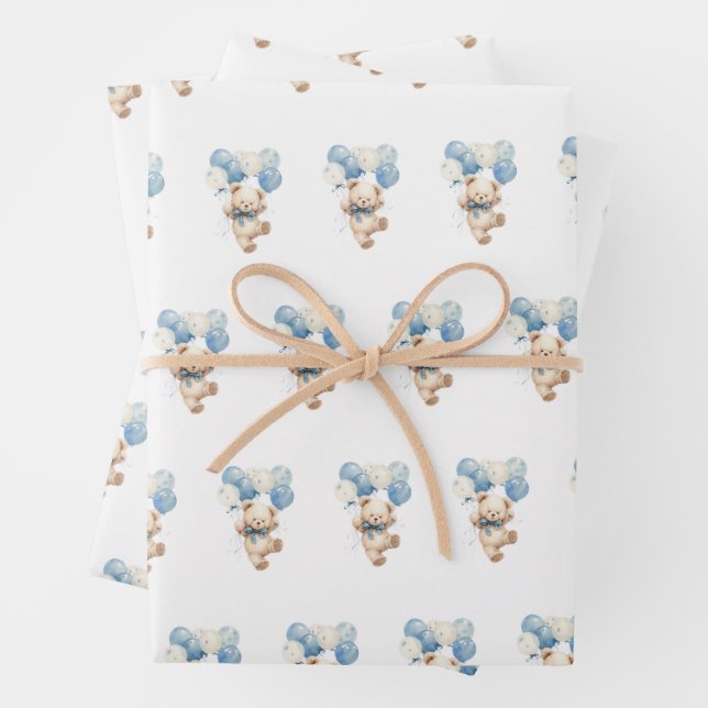 Teddy Bear Balloons We Can Bearly Wait Baby Shower Wrapping Paper Sheet (In situ)