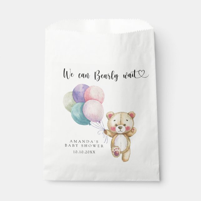 Teddy bear balloons - we can bearly wait favour bags (Front)