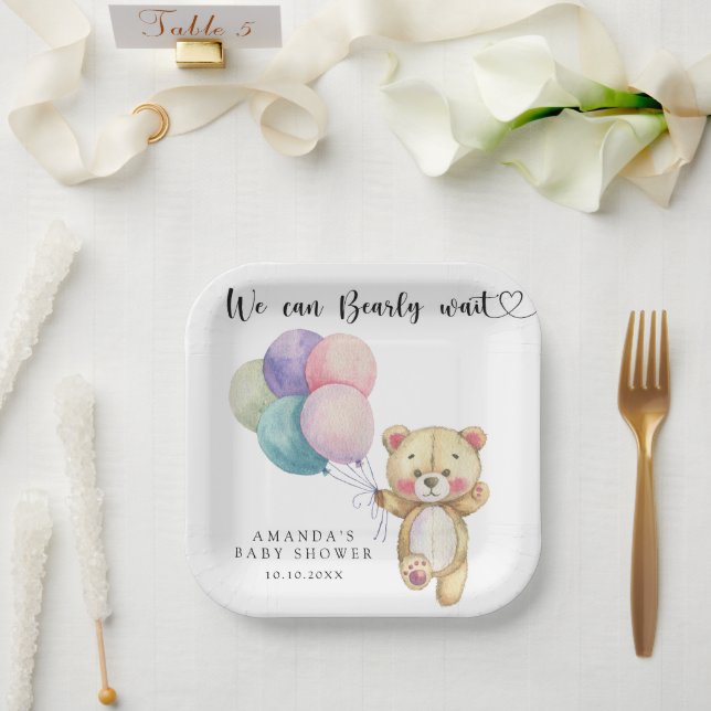 Teddy bear balloons - we can bearly wait paper plate (Wedding)