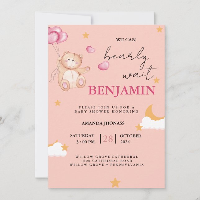  Teddy bear balloons  we can wait edit baby shower Invitation (Front)