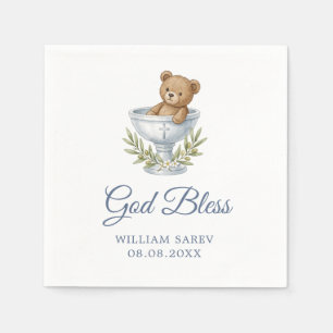 Teddy Bear Baptism "God Bless" Blue Watercolor  Napkin