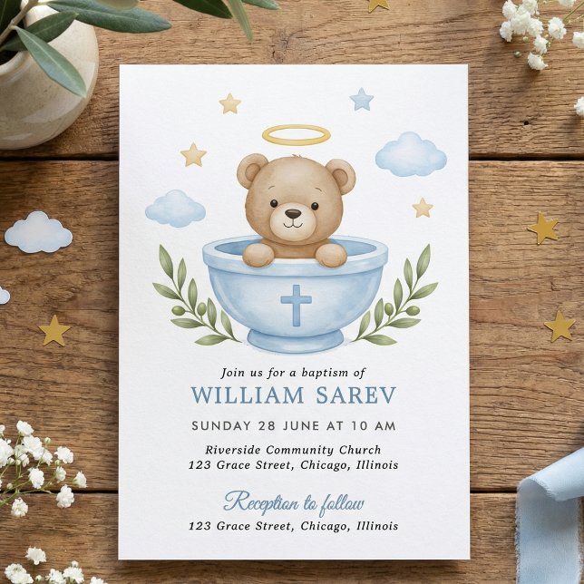 Teddy Bear Baptism Watercolor Blue Clouds Stars Invitation (Blue Teddy Bear Baptism Invitation for Boy With Cross and Clouds)