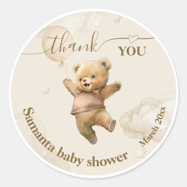 Teddy Bear Bearly Wait Air Balloon Baby Shower  Classic Round Sticker (Front)