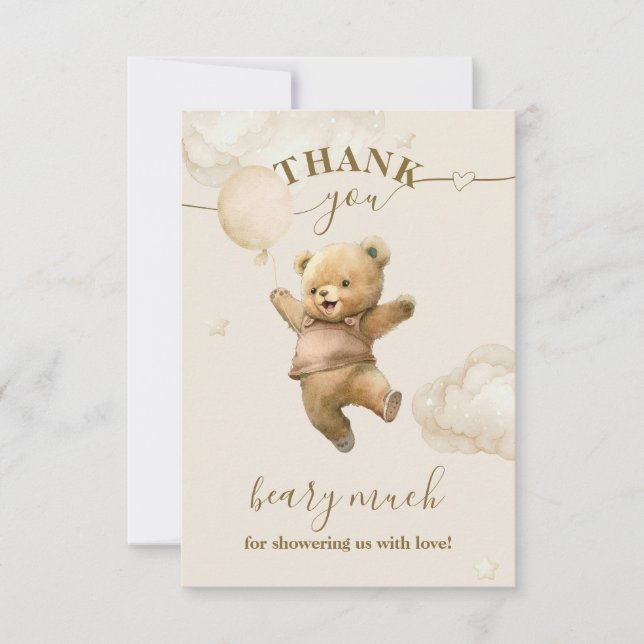 Teddy Bear Bearly Wait Air Balloon Baby Shower  Thank You Card (Front)