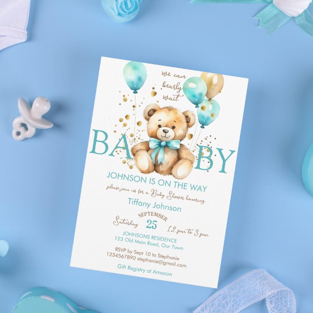 Teddy bear bearly wait aqua blue brown baby shower invitation (Cute teddy bear with a bow and balloons  bearly wait baby shower template invitation aqua blue gold)