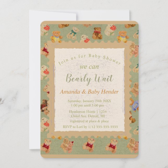 Teddy Bear Bearly Wait Baby Shower Invitation (Front)