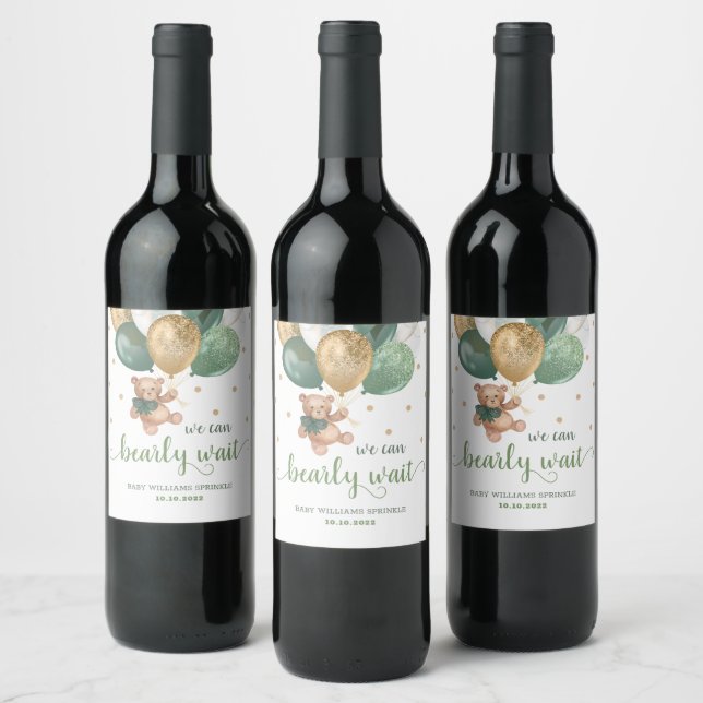 Teddy Bear Bearly Wait Baby Shower Wine Label (Bottles)
