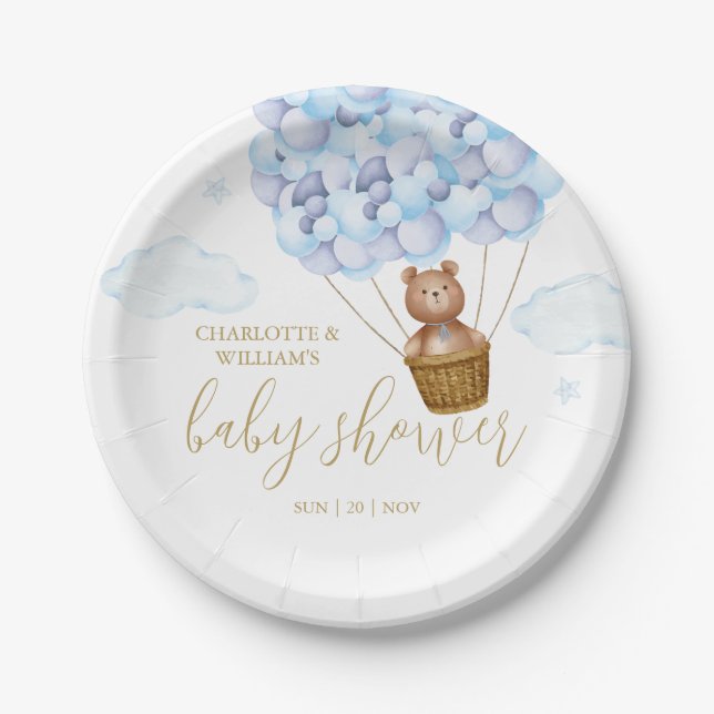 Teddy Bear Bearly Wait Blue Boy Baby Shower Paper Plate (Front)