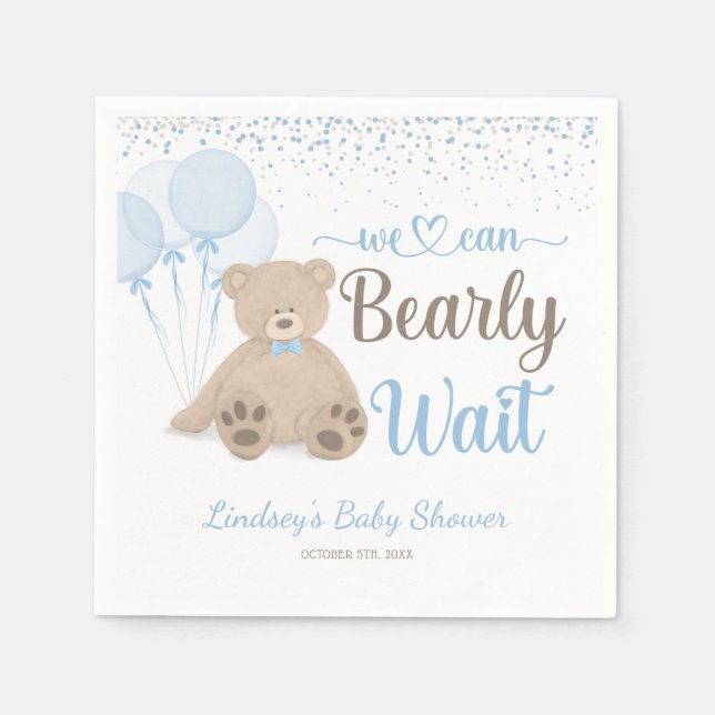 Teddy Bear Bearly Wait Confetti Boy Baby Shower Napkin (Front)