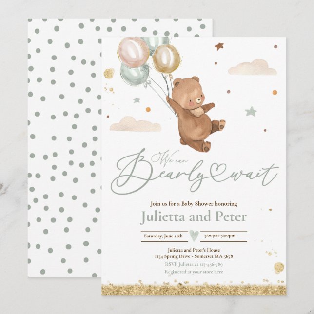 Teddy Bear Bearly Wait Gender Neutral Baby Shower Invitation (Front/Back)