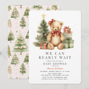 Teddy Bear Bearly Wait Holiday Girl Baby Shower Invitation