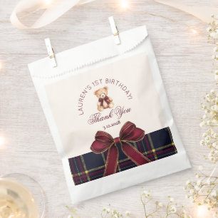 Teddy Bear Beary 1st Birthday Bow Plaid Thank you Favour Bags
