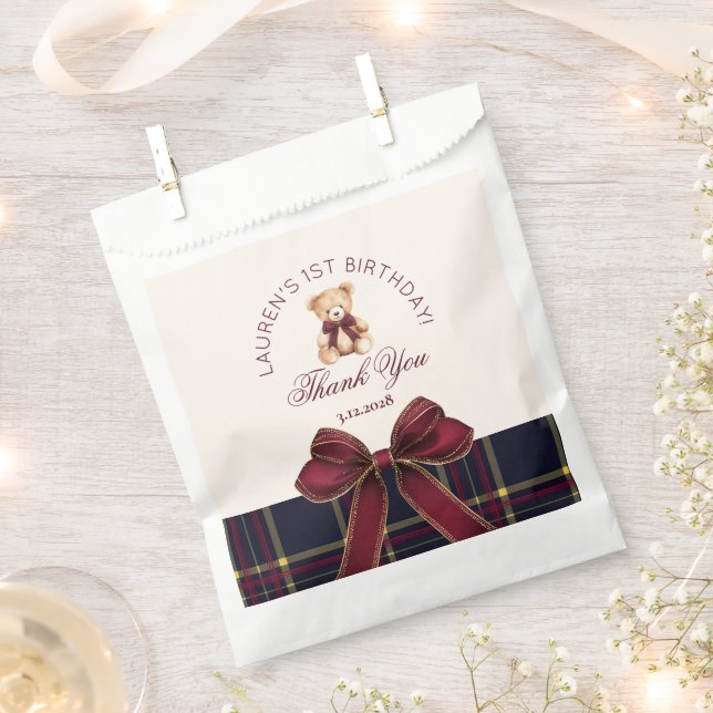 Teddy Bear Beary 1st Birthday Bow Plaid Thank you Favour Bags (Clipped)