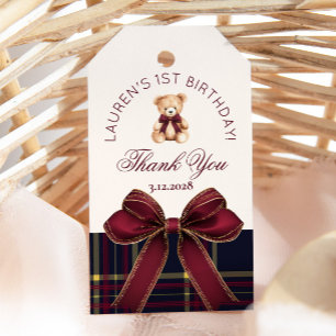 Teddy Bear Beary 1st Birthday Bow Plaid Thank you Gift Tags