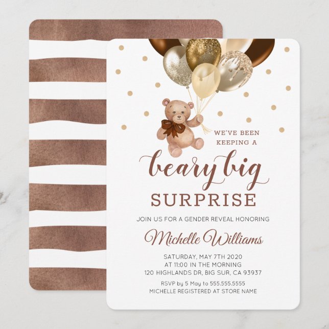 Teddy Bear Beary Big Surprise Gender Reveal Invitation (Front/Back)
